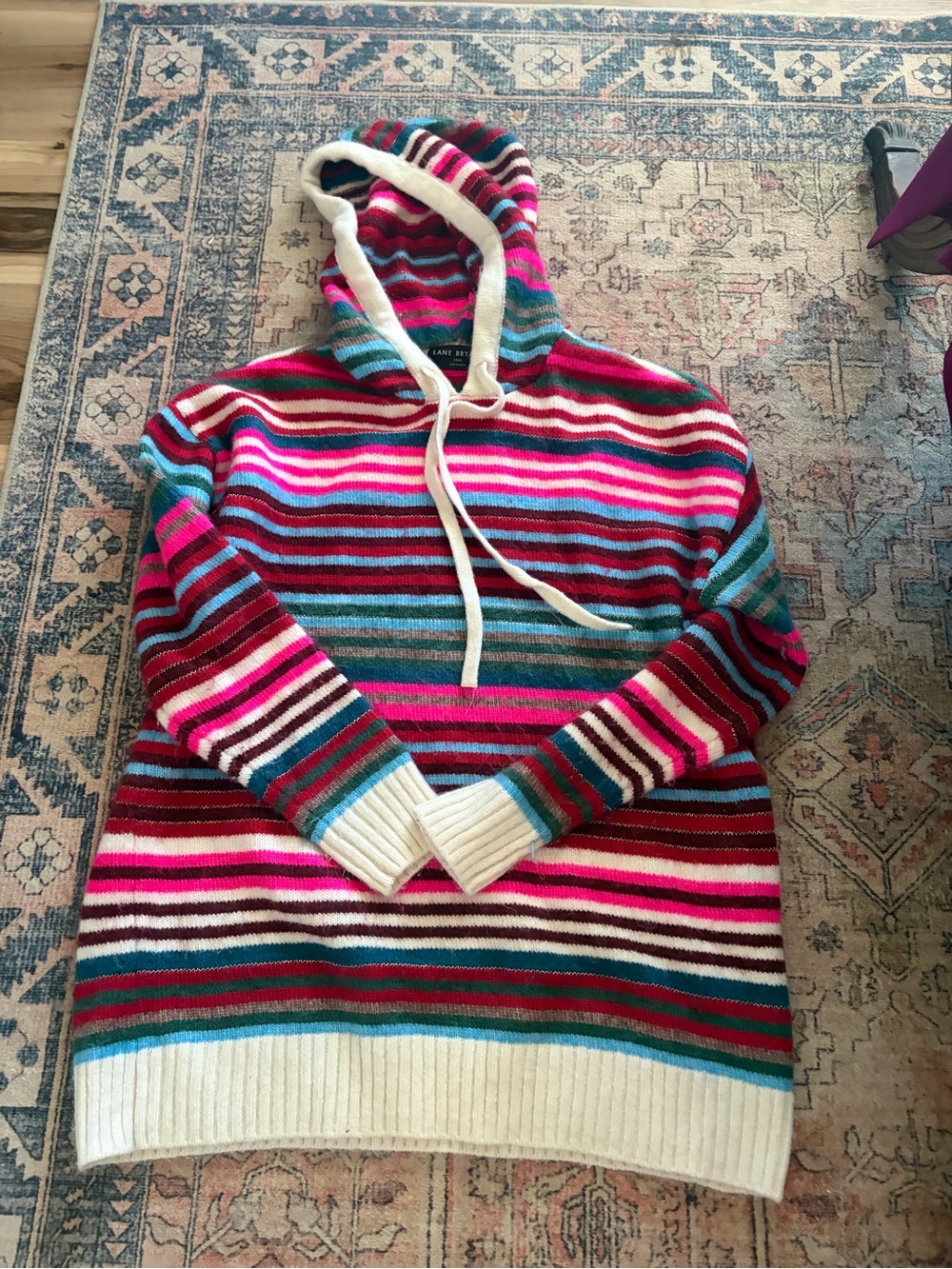 Striped Hooded Knit Sweater in Pink, Teal & Cream